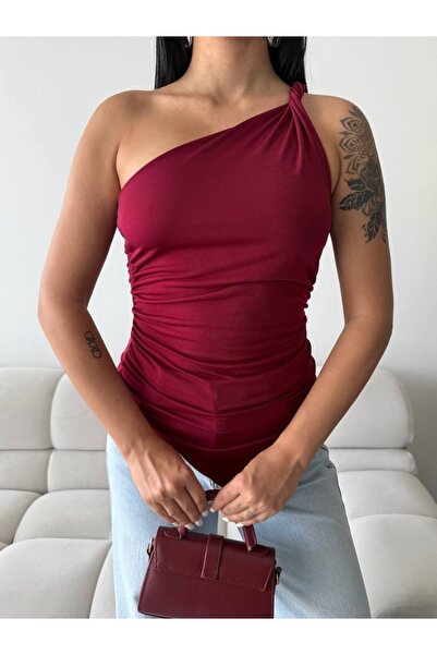 Aurenza Vellori Tek Omuz Asimetrik Kesim Drapeli Kadın Bluz
