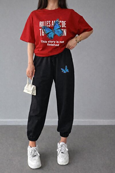 zeag Women's Blue Butterfly Printed Tracksuit T-Shirt Set