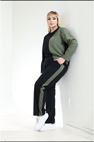 PARKDERİN Plus Size Terry Corduroy Fabric Black-Green Color Track Suit