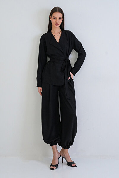 Trend Alaçatı Stili Women's Black Linen Jogger Pants with Elastic Cuffs and S...