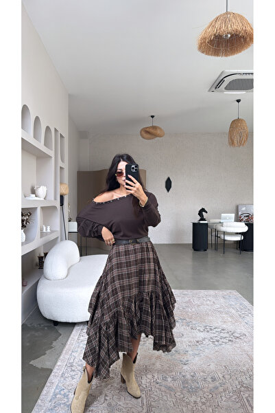 Buket Teke Asymmetrical Cotton Brown Patterned Lined Skirt