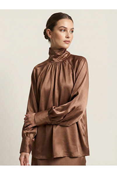NEW JOURNAL Women's Camel Balloon Sleeve Satin Shirt Nj99