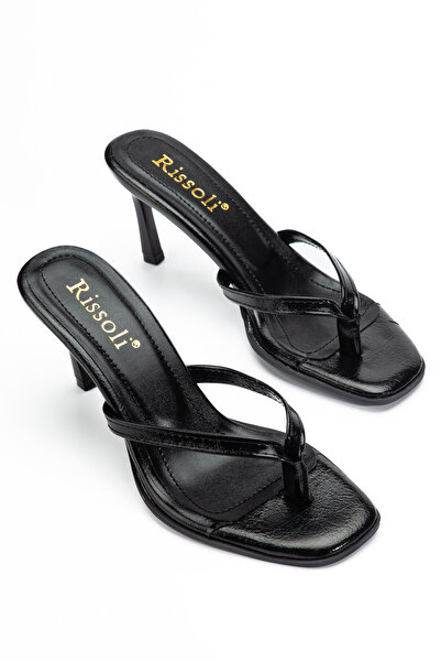 RİSSOLİ Women's Black Wrinkled Patent Leather Flip-Flop Heeled Sandals