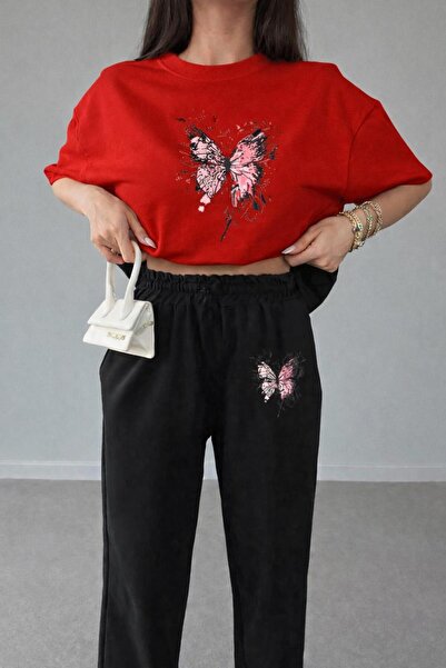 zeag Women's Pink Butterfly Printed Tracksuit T-Shirt Set