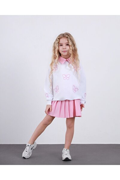 ARBİ kids Cămașă pentru fete cu guler tip fluture, fustă cu pliuri duble, set...