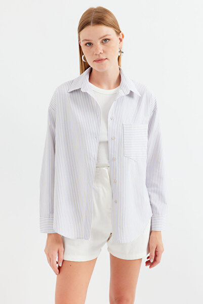 Merterium Women's Single Pocket Striped Oversize Shirt 1336 - Beige