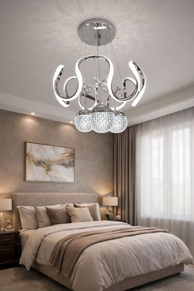 HOMSİ LEDLİ AVİZE AHTAPOT KUMANDALI 3 RENK IŞIK ÖZELLİKLİ KROM KAPLAMA