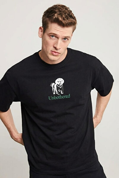 COMBİNE MİCHAİL Men's Dog Printed Oversize Black T-Shirt