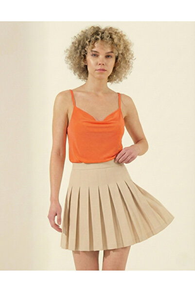 peralist Women's Brown Adjustable Strap Degaje Collar Draped Sandy Fabric Blouse