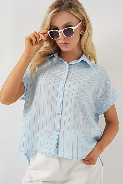 Merterium Women's Striped Short Sleeve Shirt 1352 - Blue