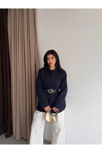 vesantia Kadın Lacivert Modern Kesim Kemerli Blazer Ceket