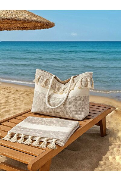 Fabric Box %100 Doğal Pamuk Plaj Çantası ve Peştemal - İç Cepli & Çıtçıtlı