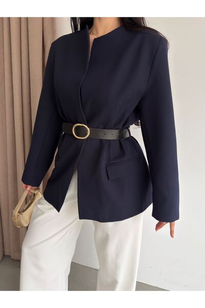 vesantia Kadın Lacivert Modern Kesim Kemerli Blazer Ceket