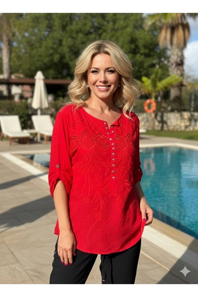 Punta Otantik Yg18297 Embroidered Sequin Detailed Blouse Light Red