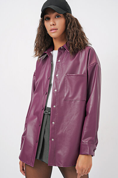 Merterium Women's Oversize Faux Leather Shirt 1064 - Plum