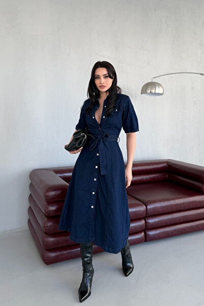 Serica Moda Lacivert Çıt Çıt Detaylı Kuşaklı Denim Elbise