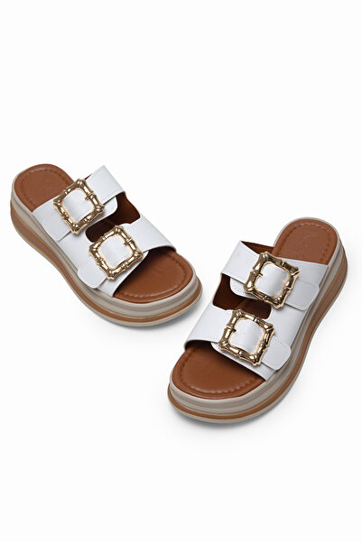 Tonny Black Γυναικείες λευκές άνετες παντόφλες με ψηλή σόλα και αγκράφα