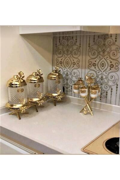 AZADE BAKIR GOLD PİRİNÇ JAPONGÜL AYAKLI LÜX A KEİSTAL KAVANOZ 3’LÜ SET ve JAP...