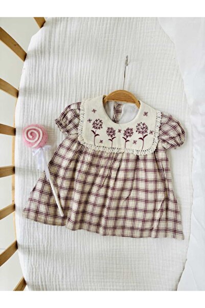 NUNU BABY Mürdüm Çiçek Nakışlı Ekoseli Elbise