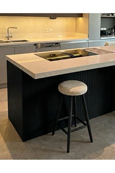 silla Concept Bar Tabure Teddy Krem Kumaş Siyah Ahşap Ada Taburesi