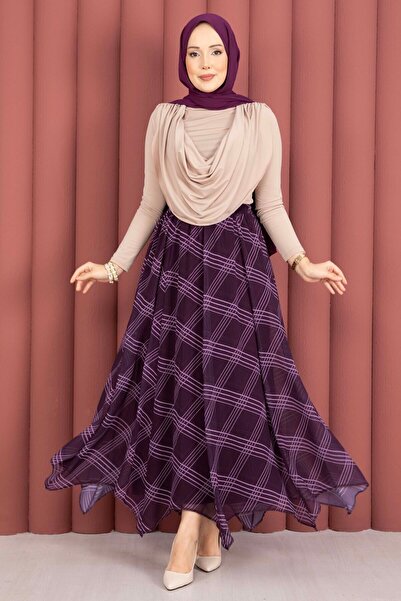 EBRUTESETTÜR Plaid Patterned Asymmetrical Cut Chiffon Skirt Plum
