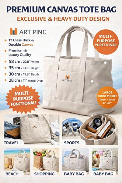 ART PINE Geantă din pânză groasă premium de 58 cm - Geantă tote supradimensio...