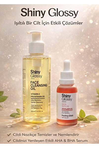 ShinyGlossy Yüz Temi Yağı 200 ml Vitmin E ve ProvitmB5+AHABHA Peeling Etki Cilt Serm30 ml Akne karşı