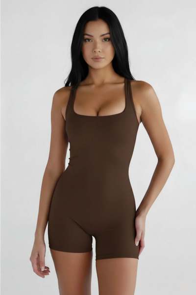 Thestiluxe Deep Back Low-Cut Strap Recovery Sport Shorts Jumpsuit