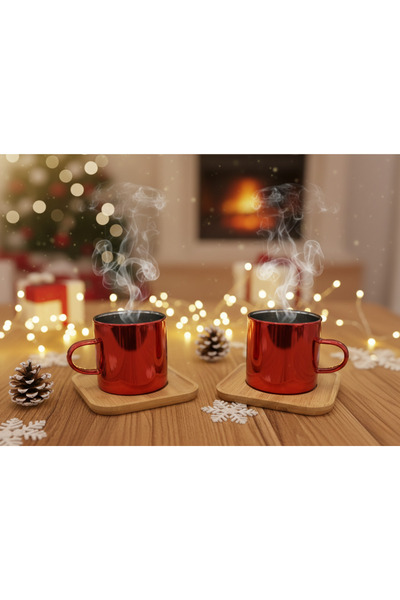 AiroBazar Red 2-Piece Borosilicate Cup Set with Square Bamboo Base – Heat-Res...