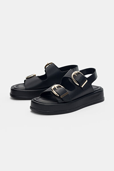 selin shoes Γυναικεία σανδάλια Lunella με διπλή χρυσή αγκράφα - ΜΑΥΡΟ