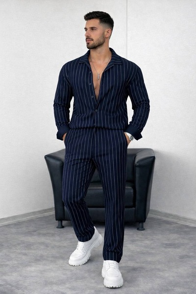BİRBEYSTORE Men's Striped Crepe Suit with Elastic Waist Shirt and Pants