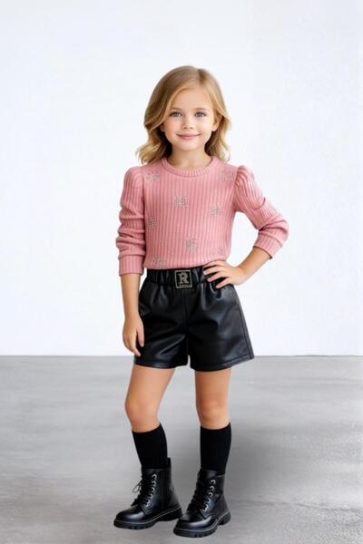 Trend Baby Kids Момичешка блуза в розово с къси панталонки от изкуствена кожа