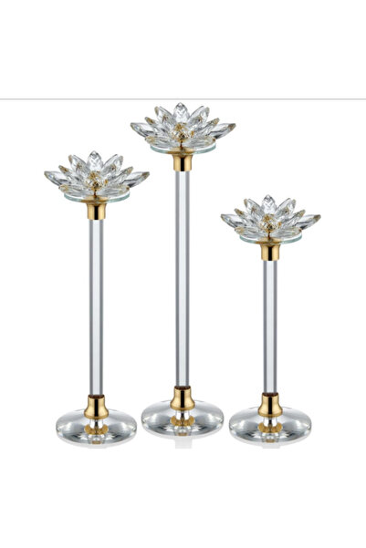 esdekor 3'lü Sütunlu Nilüfer Şamdan Altın 28-33-38cm
