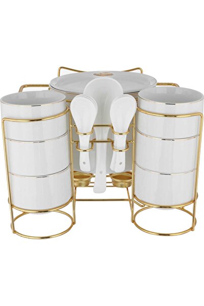Generic Al Saif Gallery porcelain soup set, 15 pieces, gold-white stand