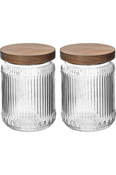 Generic طقم برطمانات زجاجية من وهج الماسا، 750 مل، قطعتان، غطاء خشبي مخطط - ب...