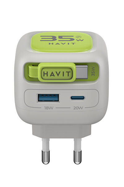 Havit UC251 35W GaN PD Hızlı Şarj Adaptörü - Geri Sarılan USB-C Kablolu, USB-A/USB-C