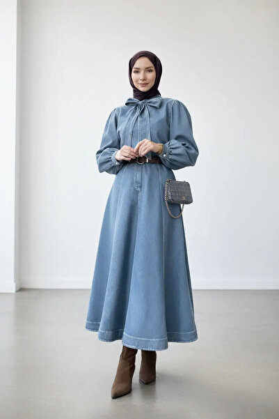 NERA GİYİM Denim Skirt and Bow Collar Blouse 2-Piece Set - Blue