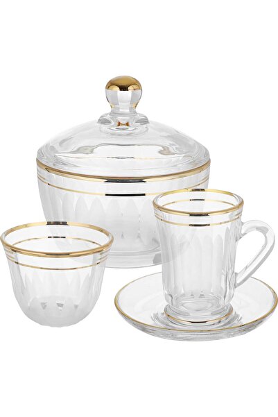Generic طقم تقديم الشاي والقهوة من زجاج معرض السيف، 26 قطعة، بخطوط ذهبية - شفاف