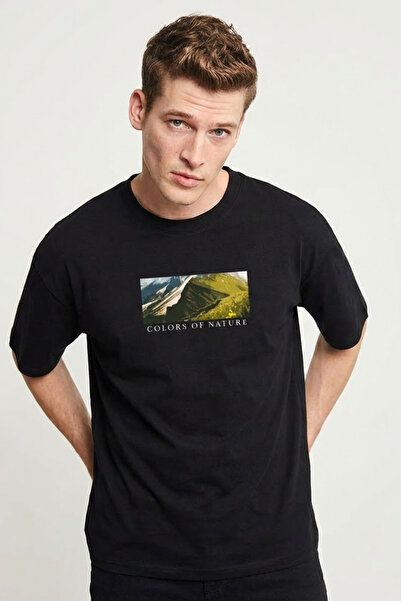 COMBİNE MİCHAİL Men's Landscape Printed Oversize Black T-Shirt