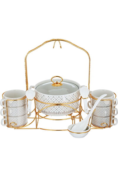Generic Al Saif Gallery porcelain soup set, with golden stand and square patt...