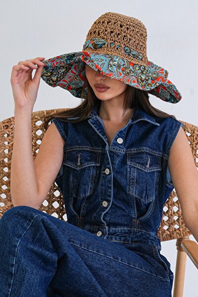 Trend Alaçatı Stili Women's Dark Beige Wide Woven Brim Straw Knitted Beach Ha...