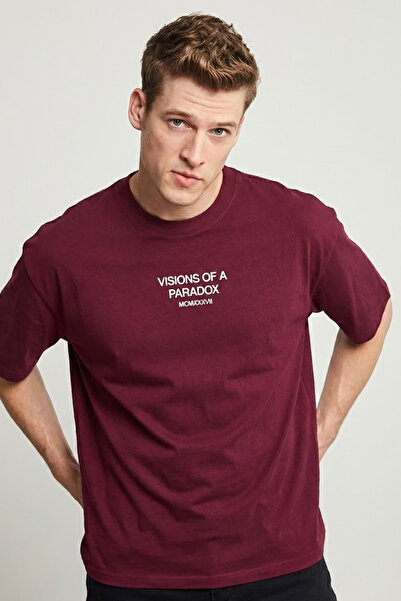 COMBİNE MİCHAİL Men's Paradox Printed Oversize Claret Red T-Shirt