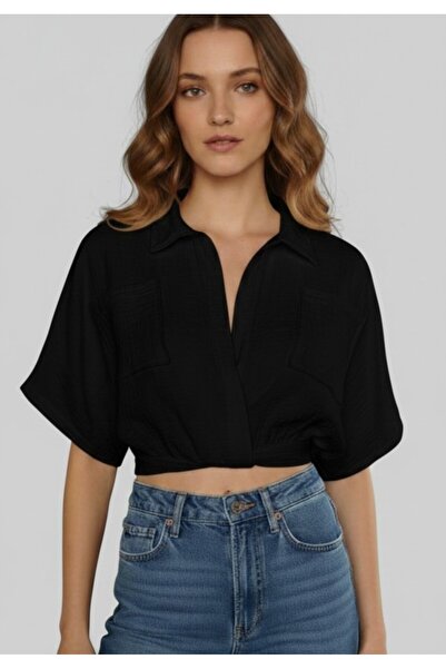 estewoman Shirt Collar Muslin Crop