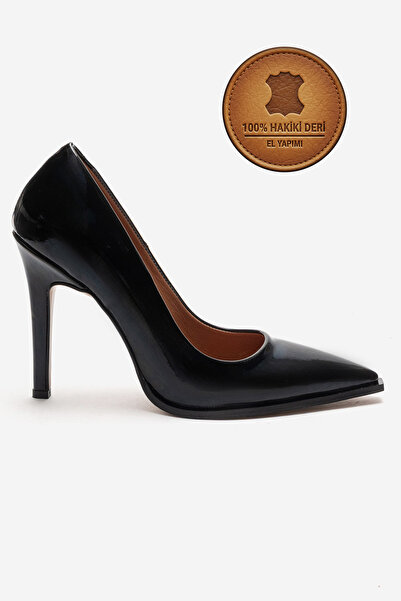 Ayakkabı Ateşi Hakiki Deri Siyah Rugan Sivri Burunlu Küt Tabanlı Stiletto Yük...