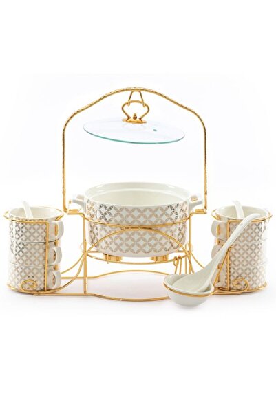Generic طقم شوربة من البورسلين من معرض السيف، 18 قطعة، مع حامل ذهبي وأبيض