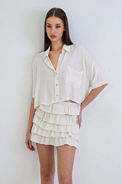 Trend Alaçatı Stili Women's cream single pocket flamed linen crop shirt alc-x...