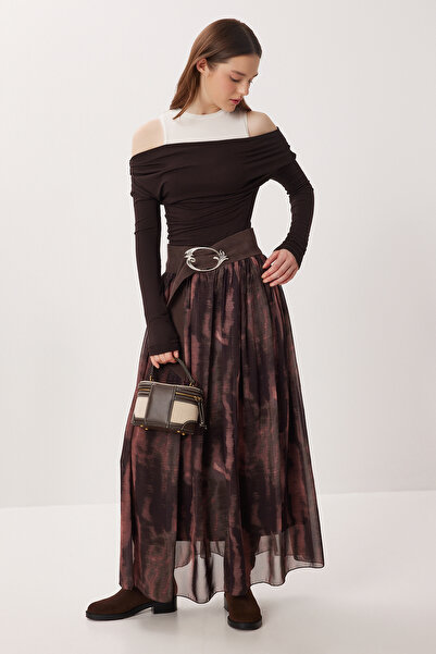 Lovelyİstanbul Fusta din șifon cu model și efect încrețit LZV0057 MARO KHAKI