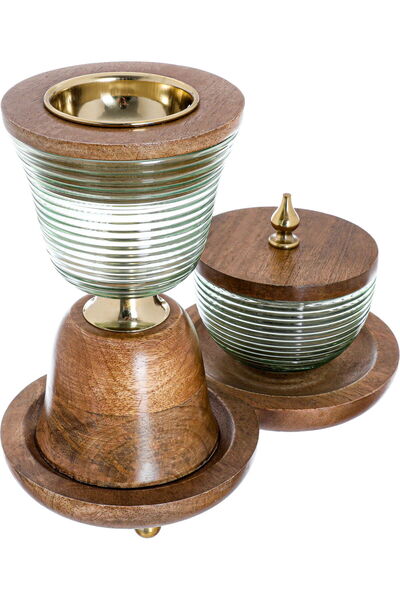 Generic Al Saif Gallery glass incense burner set, with a wooden base - brown