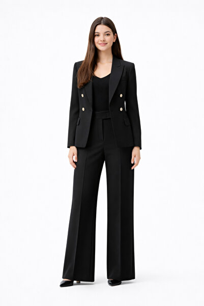 LITTLE&CO Pantaloni de damă negri din stofă, cu talie înaltă și picior larg |...