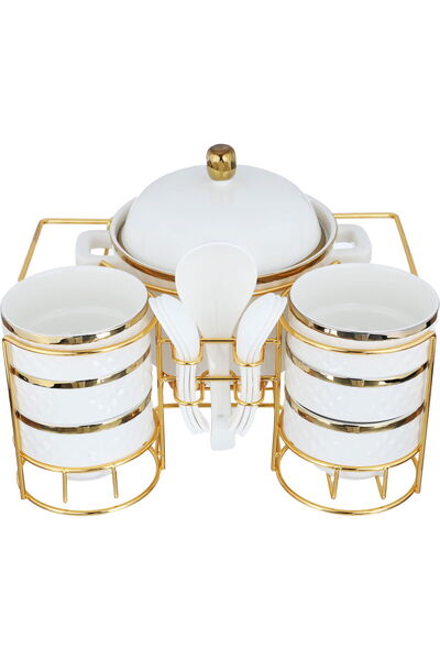 Generic One More Porcelain Soup Set with Stand, 16 Pieces - White Gold